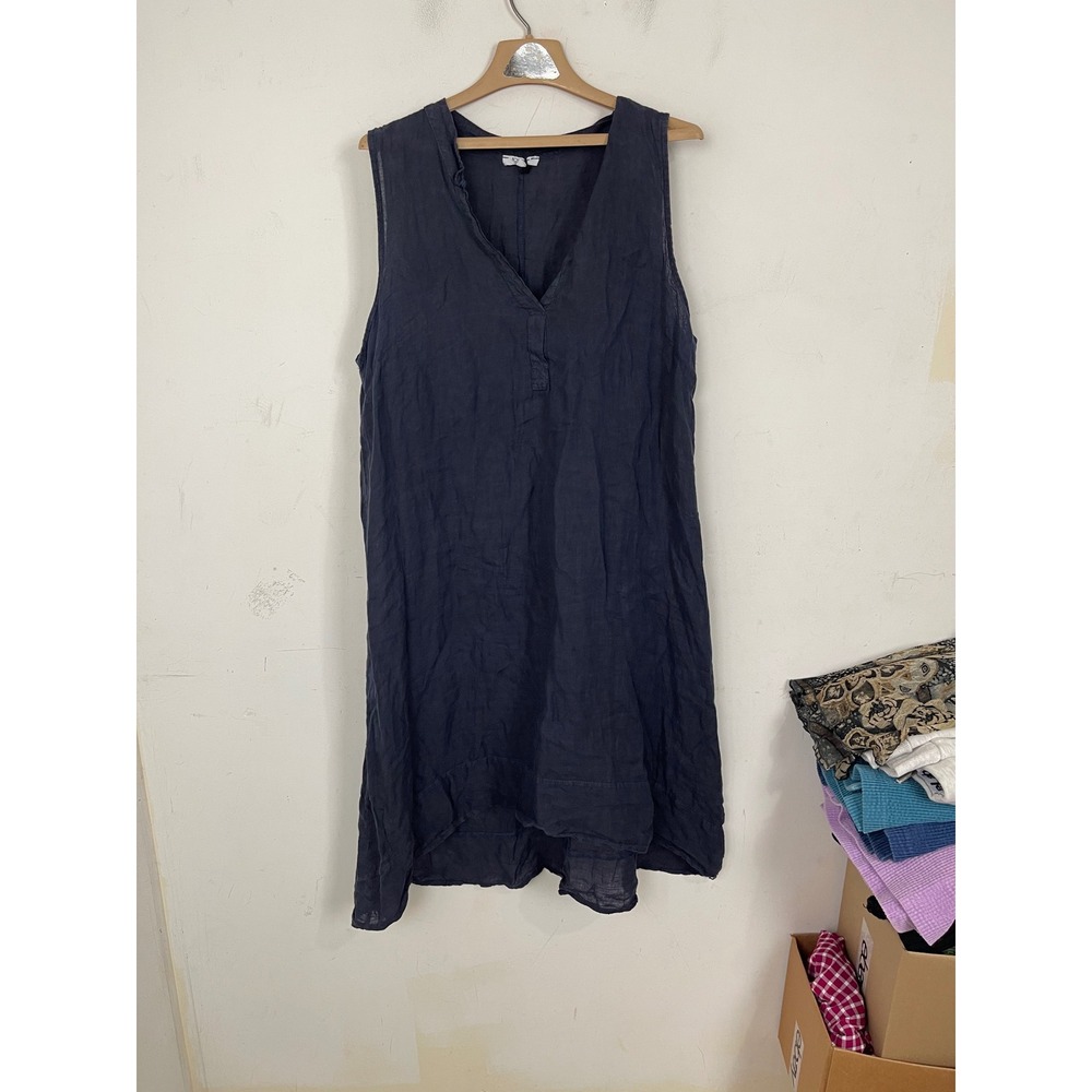 Rosemarine Navy Blue 100% Linen Sleeveless V-Neck Shift Dress Made in Italy 1X
